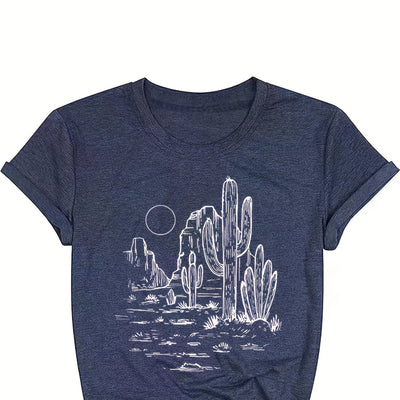 Stylishly Chic: Women's Casual Crew Neck Cactus Graphic Print T-Shirt