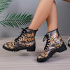 Casual Chic: Women's Halloween Print Ankle Boots with Lace-Up Combat Style and Anti-Slip Lug Sole
