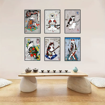 Japanese Art Tattoo Cat Painting Wall Retro Art Poster - Set of 6 Unframed Prints