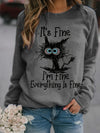 I'm Fine, It's Fine and Cartoon Cat Print Sweatshirt, Long Sleeve Crew Neck Casual Sweatshirt For Winter & Fall, Women's Clothing