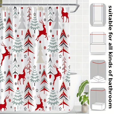 Abstract Christmas Tree Reindeer Winter Snowflakes Shower Curtain: Festive Bathroom Decoration for the New Year