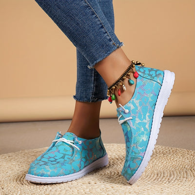 Stylish and Comfortable Leopard & Sunflower Pattern Print Canvas Shoes for Women - Lightweight Lace Up Flats with Slip-On Design