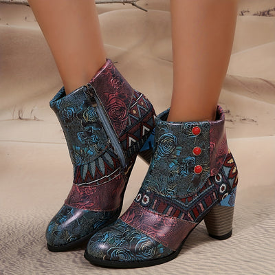 Floral Fantasy: Stylish Women's Ankle Boots with Chunky Heels and Versatile Design