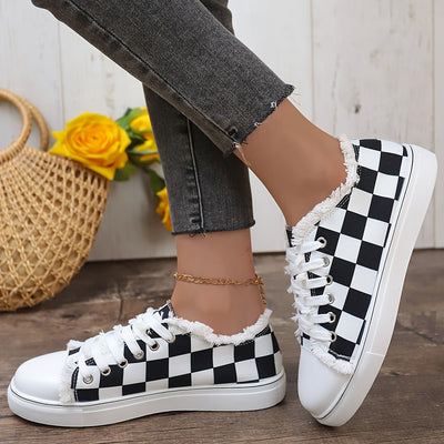 Stylish and Comfortable Women's Checkerboard Pattern Lace-Up Canvas Shoes