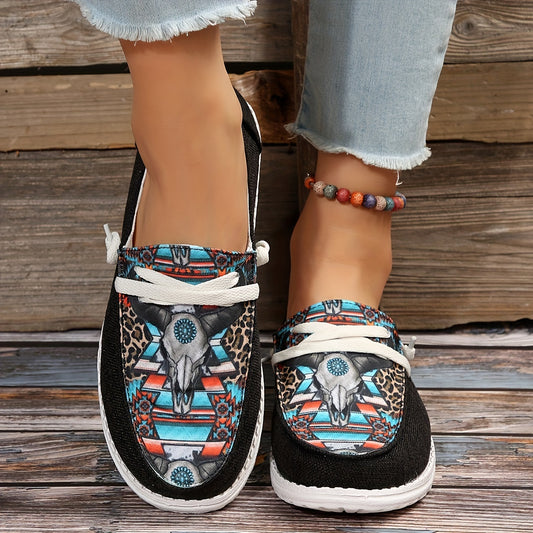 These stylish women's canvas shoes feature a unique cow head and leopard print pattern, offering a fashionable, yet comfortable look. Low top loafers construction ensures easy wear and maximum comfort. The perfect choice for casual wear.