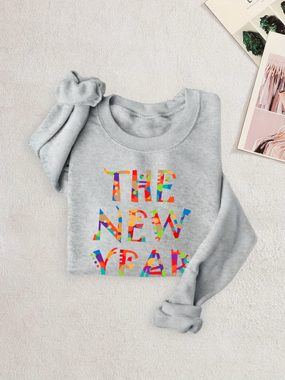 The New Year Print Long Sleeve Sweatshirt, Crew Neck Pullover Tops For Winter, Women's Clothing