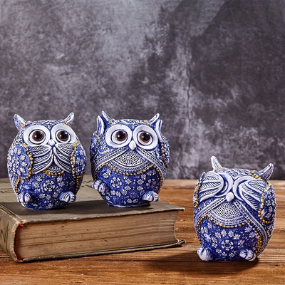 Whimsical Owls Trio: Charming Blue and White Art Decor Ornaments for a Playful Home Decor Touch!