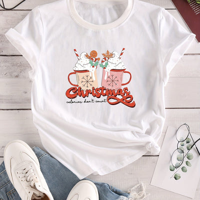Cool and Fun Christmas Cartoon Drink Print Crew Neck T-Shirt for Women's Casual Spring/Summer Style