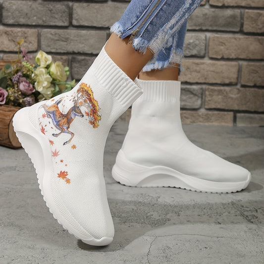 Look stylish and stay comfortable with these Women's Cartoon Deer Print Knit Boots. The slip-on high-top shoes feature a lightweight, breathable design allowing your feet to stay cool and dry while providing a secure fit. Perfect for casual outdoor activities, these shoes provide both comfort and style.