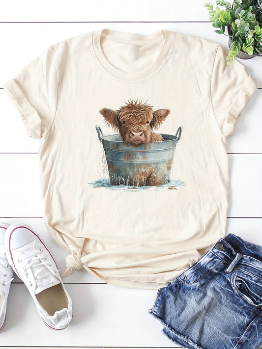 Moo-velous Cow Print Tee: Step Up Your Casual Style with this Chic Short Sleeve Crew Neck T-shirt!