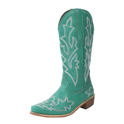 Retro Style Women's Western Mid-Calf Boots: V-Cut Embroidery Cowgirl Boots with Pointed Toe - Stylish Slip-On Shoes