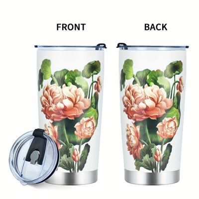 20oz Lotus Stainless Steel Car Cup: Stylish 3D Printing Pattern, Vacuum Insulation, with Straw and Lid