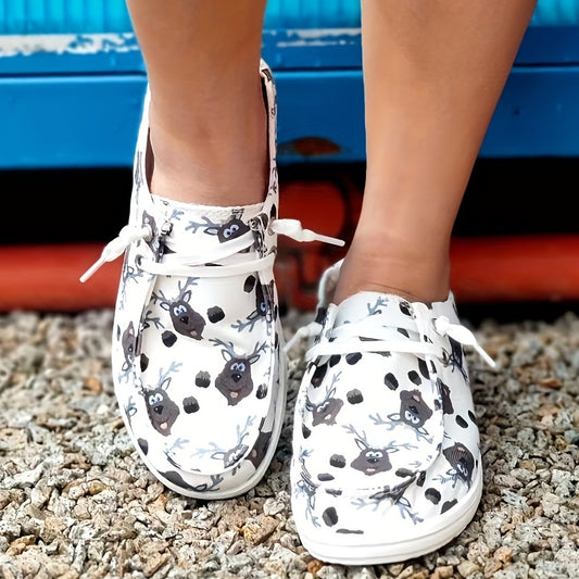 These Women's Deer Pattern Flat Shoes are perfect for your daily activities. With a slip-on, low-top design and non-slip sole, they provide both comfort and style. The round toe and casual canvas material make them suitable for outdoor wear. Enhance your wardrobe with these fashionable and functional shoes.
