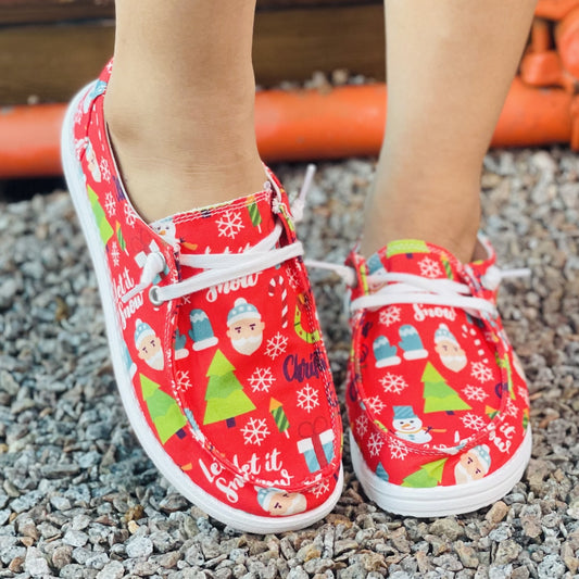 Choose our Festive Joy shoes for lightweight, breathable comfort and style this holiday season. These canvas shoes feature a unique holiday red pattern, perfect for any festive occasion. The lace-up design offers a secure fit while the thick soles provide cushioning and reliable traction.