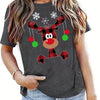 Snowflake & Plaid Elk Pattern T-Shirt, Casual Short Sleeve Top For Spring & Summer, Women's Clothing