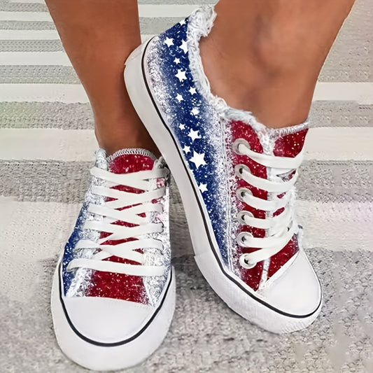 Show your patriotic spirit with these glitter star pattern canvas shoes. These stylish outdoor shoes feature a lace-up closure and are perfect for Independence Day or any day. The lightweight material and durable sole provide comfort and support during any activity.
