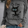 I'm Fine, It's Fine and Cartoon Cat Print Sweatshirt, Long Sleeve Crew Neck Casual Sweatshirt For Winter & Fall, Women's Clothing