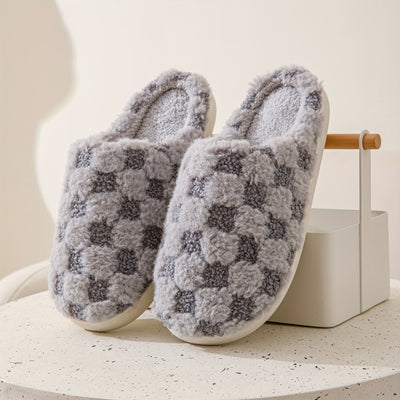 Cozy Plaid Pattern Warm Home Slippers: Slip-On, Round Toe, Non-Slip Fluffy Soft Sole Slides Shoes