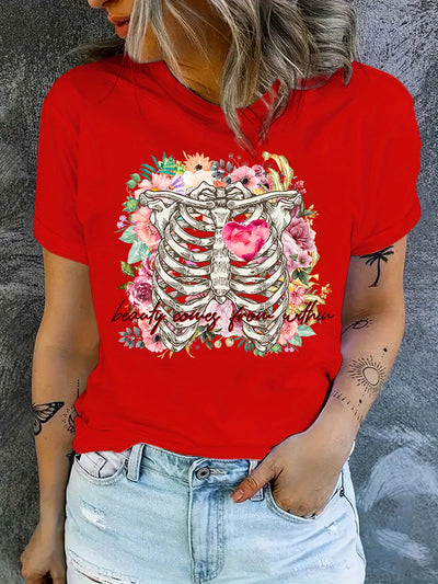 Skeleton Flower and Heart Graphic Tee: Embrace Summer Style with Casual Sports T-Shirts for Women