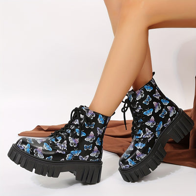 Fluttering Style: Women's Butterfly Printed Ankle Boots with Platform and Lace-Up Design