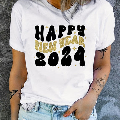 2024 Happy New Year Print T-Shirt: Embrace Joy and Style with this Casual Crew Neck Short Sleeve Daily Top for Women's Clothing