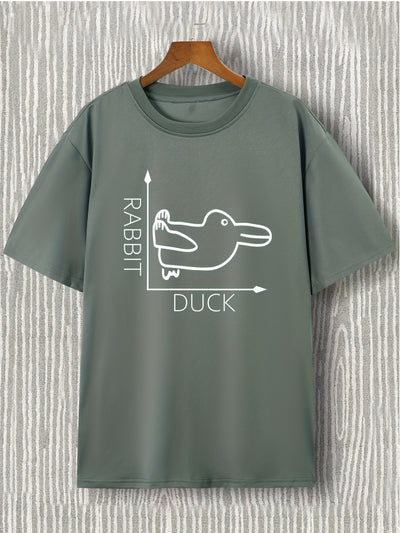 Creative Rabbit and Duck Pattern T-Shirt: Men's Casual Street Style Stretch Round Neck Tee Shirt for Summer