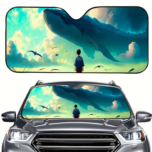 This car windshield sunshade is perfect for protecting your car's windshield from sun and heat. Featuring a beautiful whale print design and UV-resistant material, it keeps your car cool while blocking damaging rays. Its flexible steel rim ensures a snug fit for most car windshields.