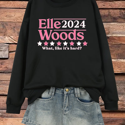 Stylish Plus-Size Casual Sweatshirt: Women's Plus Slogan Print Long Sleeve Round Neck Sweatshirt