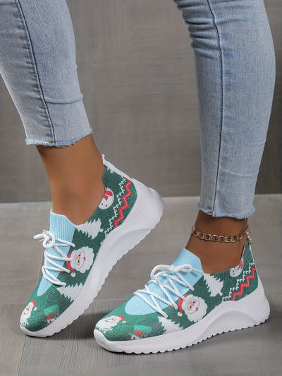 Festive and Funky: Women's Cartoon Santa Claus Print Sneakers - Comfy Christmas Shoes for the Holiday Spirit