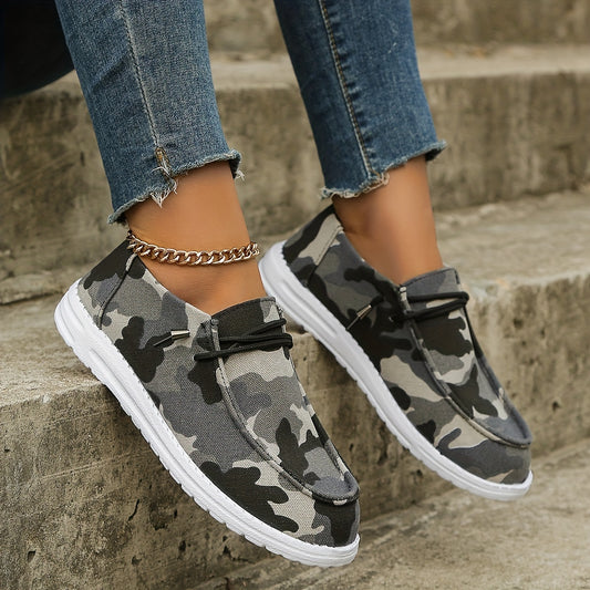 Army Camouflage Women's Canvas Shoes - Comfortable Low Top Walking Loafers with Round Toe