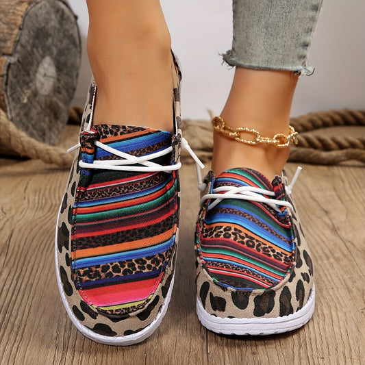 Stay stylish without sacrificing comfort with these stylish and comfortable leopard & striped print canvas sneakers. Featuring a low-top silhouette with lace-up details, these slip-ons offer superior foot support for even the longest of walks. The stylish and unique design will have you looking fashionable and feeling comfortable all day.