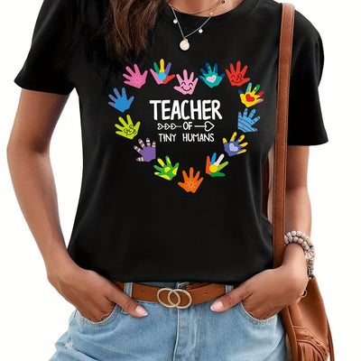 Color Hand and Teacher Letter Print T-Shirt, Summer Short Sleeve Casual Top, Women's Clothing