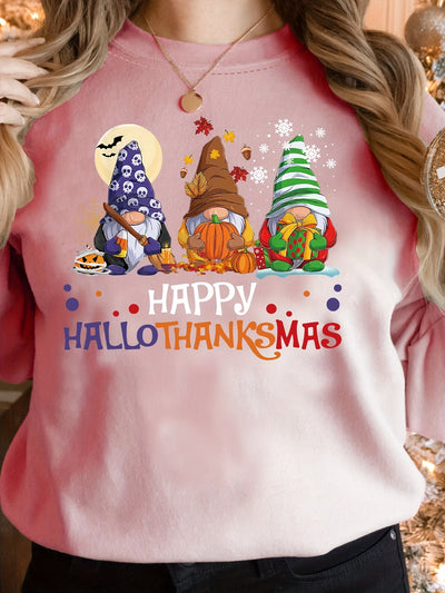 Stay Festive with our Happy Hallothanksmas Print Sweatshirt - Perfect for Casual and Cozy Days!