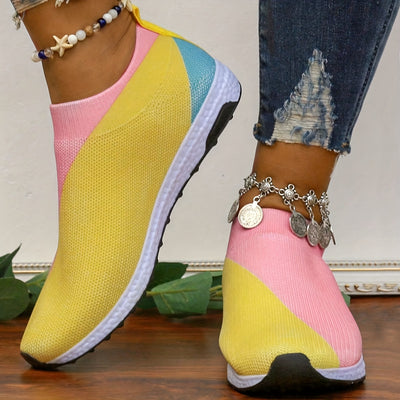 Women's Breathable Knit Slip-On Sneakers: Colorblock Style for Casual Outdoor Trainers