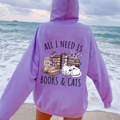 Feline Frenzy: Books & Cats Print Hoodie - Stay Cozy and Stylish this Winter/Fall with this Casual Hooded Sweatshirt for Women