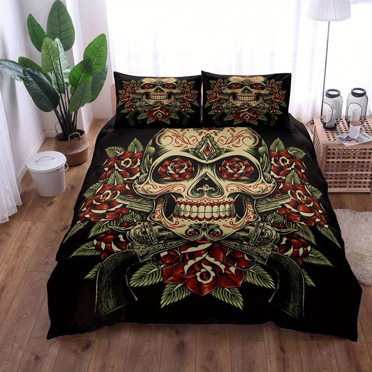 Create a bold bedroom transformation with this Punk Chic 3-Piece Skull Print Duvet Cover Set. It includes 1 duvet cover and 2 pillowcases made of soft cotton and polyester blend fabric for cozy comfort. Transform your bedroom with this bold design and bring your personal style to life.