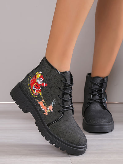 Stylish and Cozy: Women's Santa Claus Print Short Boots - Casual Lace-up Ankle Boots - Comfortable Christmas Boots