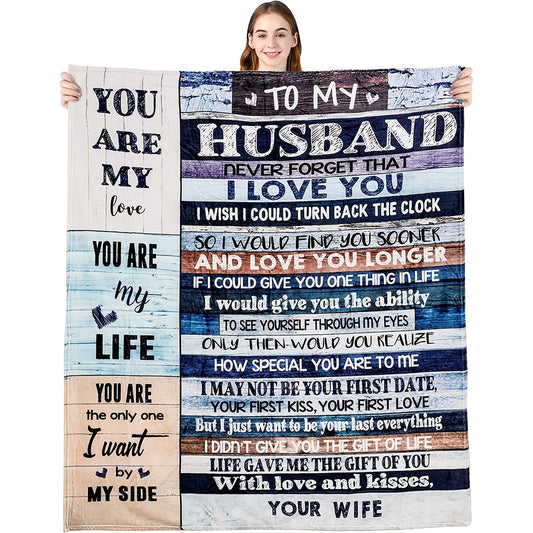 This Soft and Warm Flannel Blanket is the perfect Valentine's Day, Wedding Anniversary, or Travel Gift for your Husband. Show your love with thoughtful words printed on the blanket celebrating your special relationship. Wrap yourself or your spouse up in this cozy, comforting blanket, and never forget the love you share.
