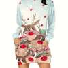 Stay Cozy and Festive with our Plus Size Christmas Casual Top - Women's Plus Star Elk Print Long Sleeve Drawstring Hoodie with Pockets