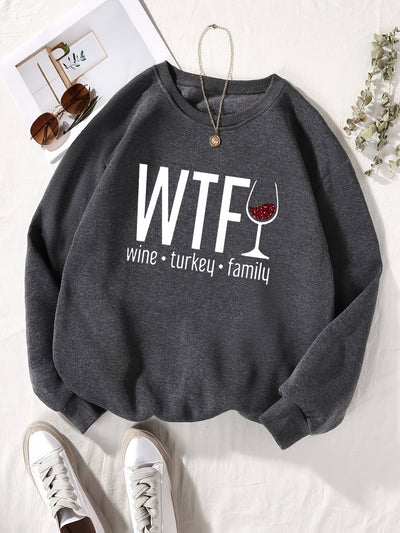 Wine Glass Letter Print Plus Size Casual Sweatshirt: Cozy and Stylish Fall/Winter Essential for Plus Size Women