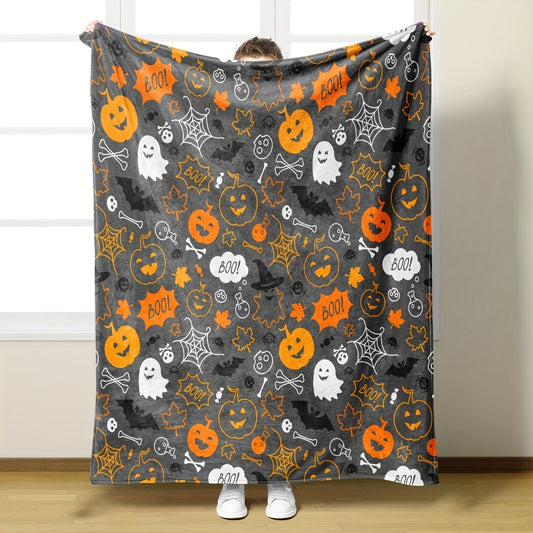 This classic Halloween-themed flannel blanket is the perfect way to keep warm and spooky during Halloween parties or chilly nights. It features a festive cartoon bat, spider, and pumpkin print for a touch of holiday cheer. The soft, cozy blanket is ideal for snuggling and adding a touch of seasonal fun.