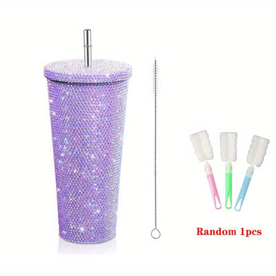 500ml/16.9oz Rhinestone Design Double Stainless Steel Thermal Bottle and Straw - Portable Tumbler Cup for Coffee and Water