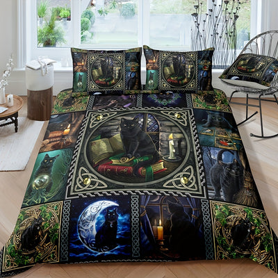 Witchy Charm: Black Cat Duvet Cover Set – Soft and Stylish Bedding for a Magical Bedroom(1*Duvet Cover + 2*Pillowcases, Without Core)