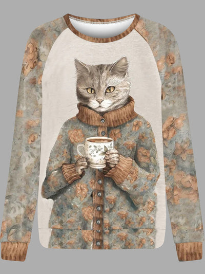 Casual and Cozy: Cartoon Cat Print Pullover Sweatshirt for Fall/Winter Wardrobe