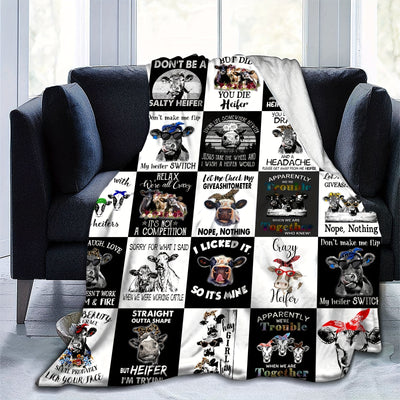 Black and White Plaid Cow and Letter Print Flannel Blanket! - Perfect Gift for Bed, Couch, Sofa, Travel, Camping!
