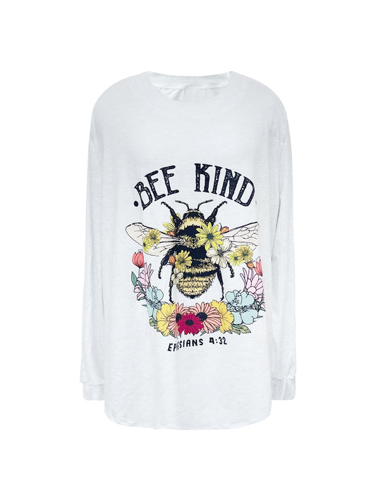 Stylish Floral Bee Print Plus Size Casual T-Shirt: Trendy Long Sleeve Round Neck Top with Slight Stretch