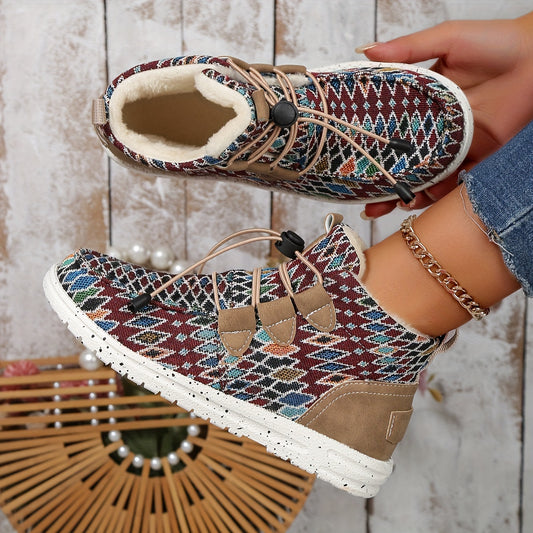 Stylish and Cozy: Women's Colorful Geometric Pattern Shoes with Fleece Lining and Soft Sole for Winter Warmth