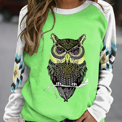 Owl Geometric Print Plus Size Casual Sweatshirt: Stylish and Cozy Plus Size Women's Clothing for Fall/Winter