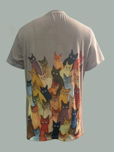 Fashionable and Comfortable Cat Print Crew Neck T-Shirt - A Must-Have for Spring/Summer Wardrobe