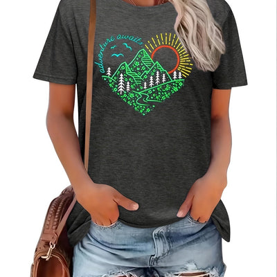 Landscape Heart Print T-Shirt For Women: A Casual and Stylish Addition to Your Summer Wardrobe